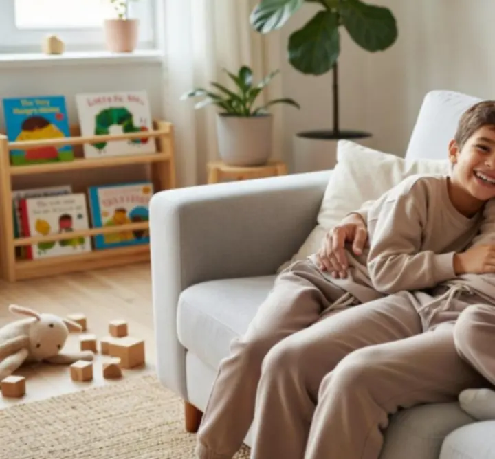 Gezin geniet samen thuis terwijl de kinderkleding al rustig is gepland en georganiseerd
