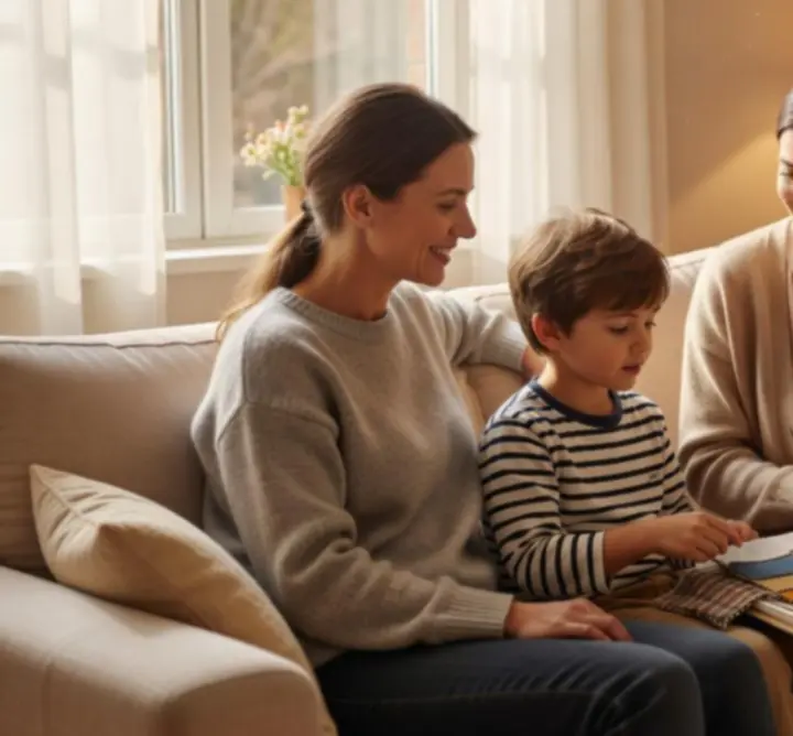 Ouder in gesprek met consultant over kinderkleding