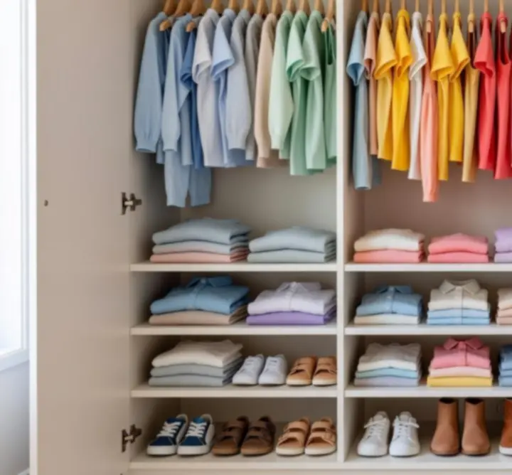 Georganiseerde kindergarderobe met overzichtelijke planken en mandjes.