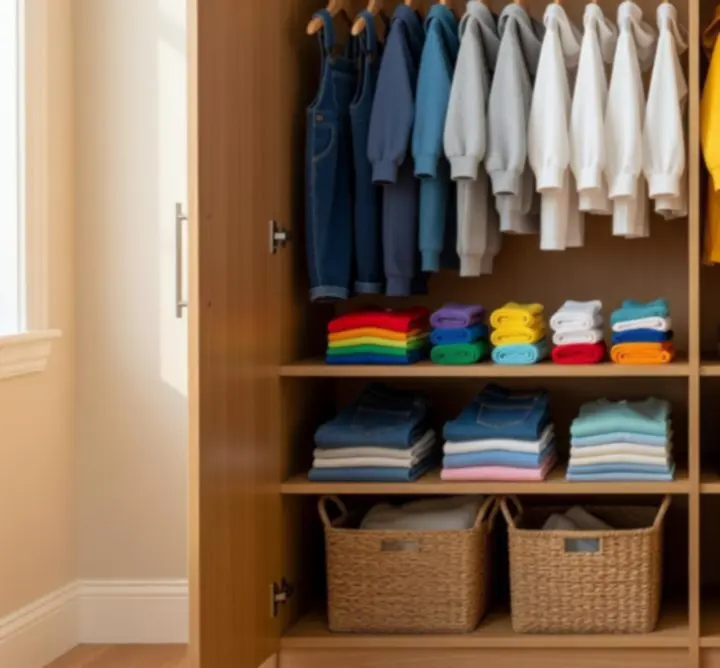 Overzichtelijke kinderkledingkast met netjes gevouwen en gehangen outfits
