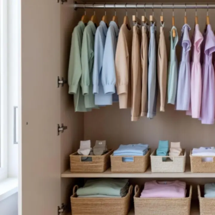 Een overzichtelijke, georganiseerde kinderkledingkast met netjes gevouwen kleding