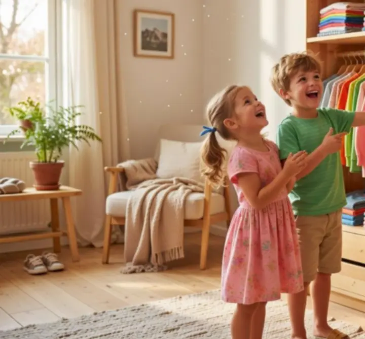 Georganiseerde kinderkledingkast met nette planken en outfits die klaarhangen.