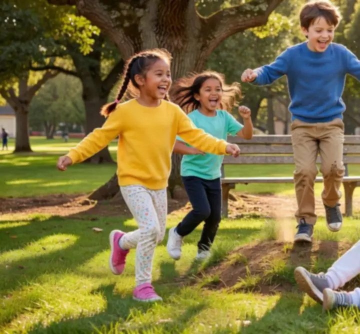 Kinderen met comfortabele, praktische outfits die geschikt zijn voor spelen en school