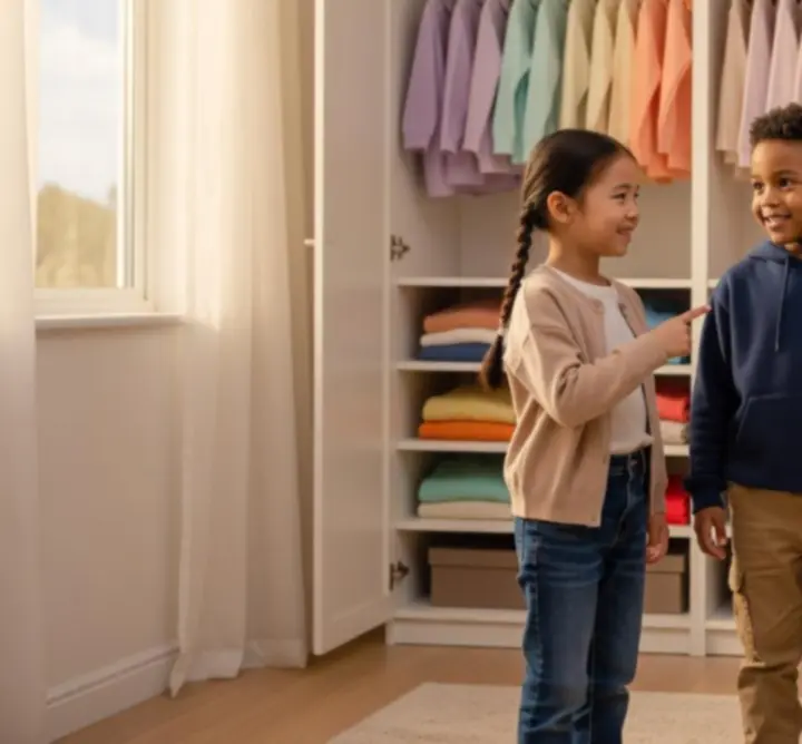 Een selectie van vrolijke kinderkleding-outfits netjes opgehangen en klaargelegd.