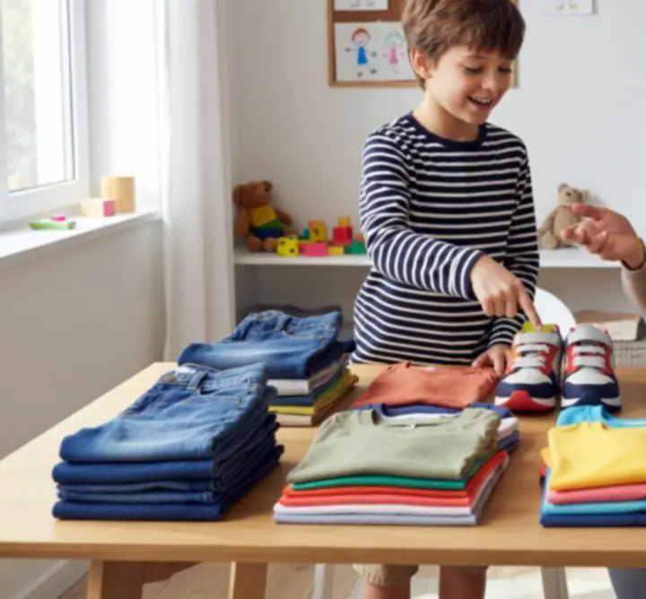 Overzichtelijke seizoensplanning van kinderoutfits op een bed uitgestald.